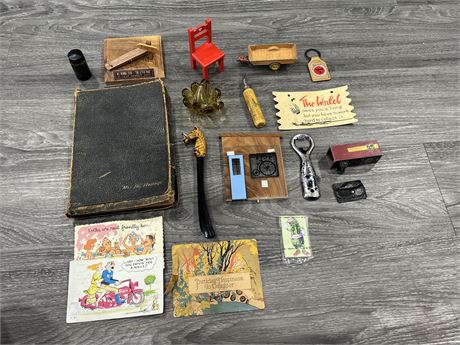 LOT OF VINTAGE COLLECTABLES - DINKY TOY, VINTAGE POST CARDS & ECT