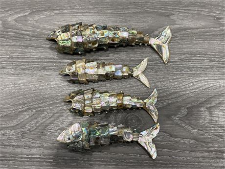 4 VINTAGE LARGE ARTICULATED ABALONE SHELL FISH BOTTLE OPENERS
