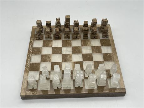 SMALL MARBLE CHESS SET - MISSING ONE PAWN - 8”x8”