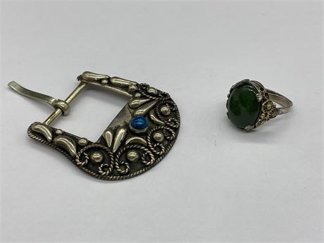 FANCY BELT BUCKLE WITH STONE & GREEN STONE RING