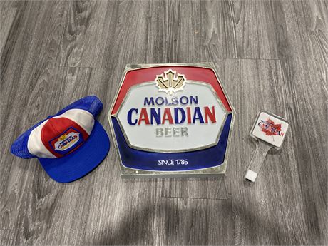 MOLSON CANADIAN SIGN, HAT & BAR TAP