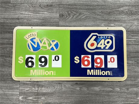 LOTTO 649 & LOTTO MAX DOUBLE SIDED JACKPOT SIGN - 31”x15”
