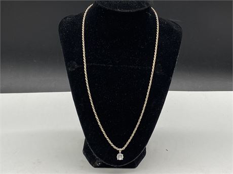 925 SILVER ITALY ROPE NECKLACE W/2CT CUBIC ZIRCONIA 925 PEND. / 10.5 GRAMS (21”)