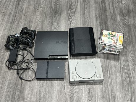 PLAYSTATION LOT - CONSOLES, CORDS, CONTROLLERS & GAMES - UNTESTED