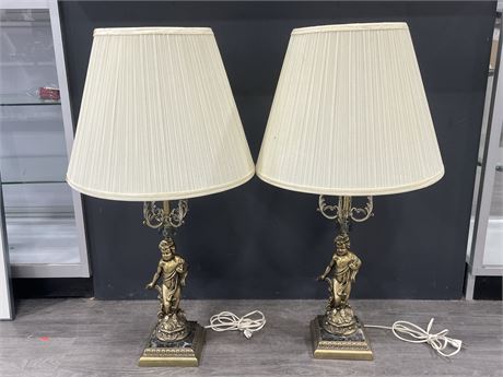 2 34” CHERUB LAMPS WITH CRYSTAL ACCENT & BLACK MARBLE BASE