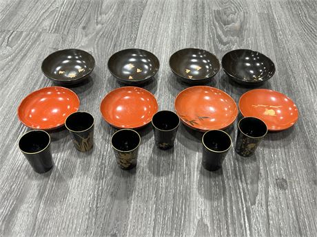 8 VINTAGE JAPANESE LAQUER BOWLS & CUPS