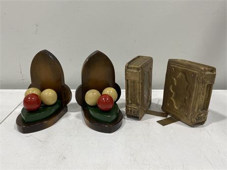 VINTAGE BOOK SHAPE BOOKENDS, WOOD POOL BALL BOOKENDS