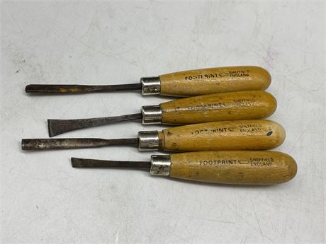 4 ANTIQUE HAND CARVING CHISELS (Sheffield, England)