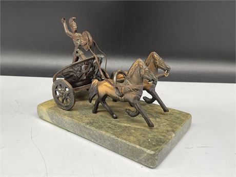 COPPER 2 HORSE ROMAN CHARIOT ON MARBLE STAND 8” WIDE