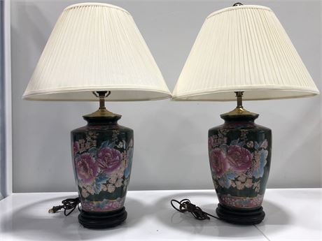 TWO VINTAGE CHINESE ORIENTAL ASIAN GREEN FLORAL GINGER JAR LAMPS