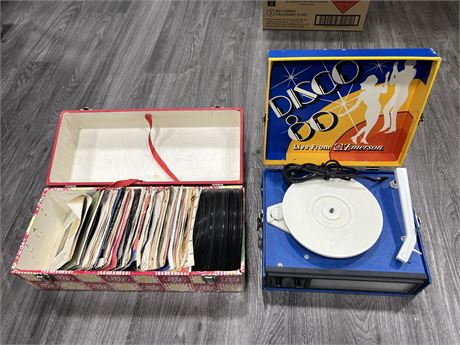 BOX OF MOSLTY SCRATCHED 45RPM RECORDS + EMERSON LIGHT UP TURNTABLE