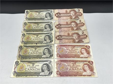LOT OF CIRCULATED VINTAGE CANADIAN $1-$2 BILLS