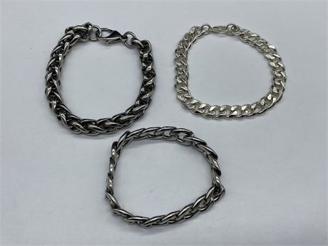 3 LARGE MENS BRACELETS - STAINLESS STEEL & OTHER (LARGEST IS 8”)
