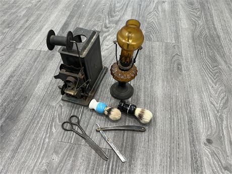 VINTAGE LOT - BARBER ACCESSORIES, AMBER GLASS LAMP & ANTIQUE PROJECTOR