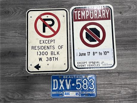 2 STREET SIGNS & 1980s BC LICENSE PLATE