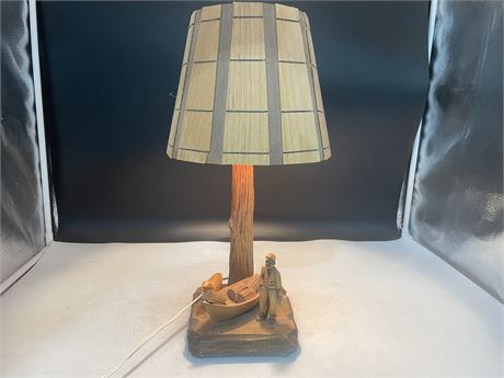CARVED WOOD QUEBEC FOLK ART LAMP - SIGNED BERTHIERB (WORKS) 17”