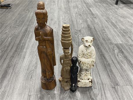 4 STATUES - INDIAN, ASIAN, ETC. (TALLEST IS 20”)