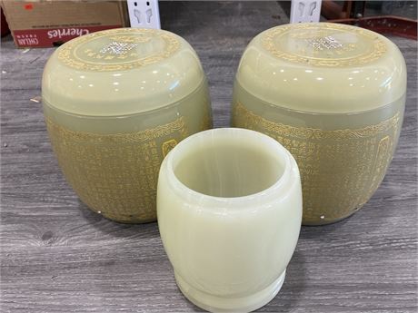 3 HEAVY CHINESE GREEN GLASS JARS (9.5” TALLEST)