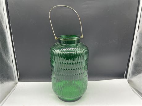 LARGE VINTAGE GREEN RIBBED GLASS JUG STAMPED ON BOTTOM - 15” TALL