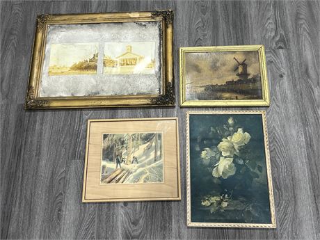 4 VINTAGE / ANTIQUE PRINTS & PICTURES - WINDMILL PRINT DATED 1934