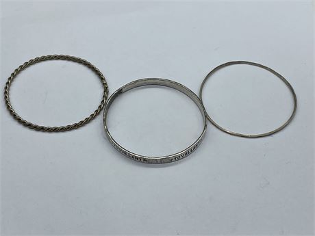 3 SILVER BANGLES - 2 MARKED 925 (3”)
