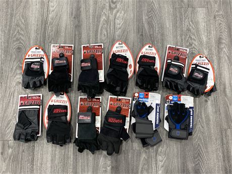 13 NEW PAIRS OF WORK OUT GLOVES - SIZES SMALL - XL