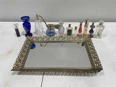 MIRROR TRAY WITH VINTAGE PERFUME BOTTLES + MORE