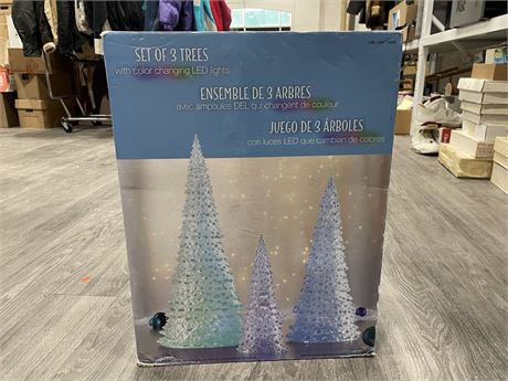 NEW IN BOX SET OF 3 TREES W/ COLOUR CHANGING LED LIGHTS