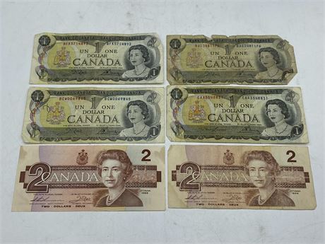 6 VINTAGE CANADIAN ONE & TWO DOLLAR BILLS