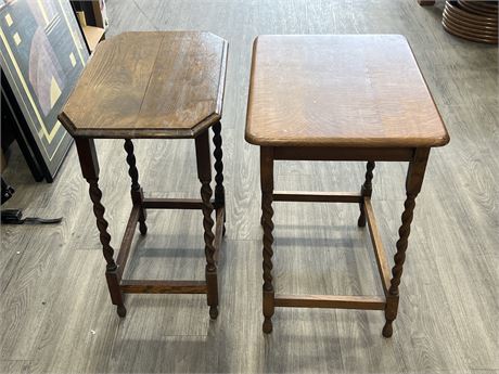 2 VINTAGE BARLEY TWIST SIDE TABLES - LARGEST IS 24”x18”x28” TALL
