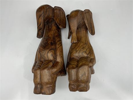 2 - 13” SOLID WOOD HAND CARVED ELEPHANT SHELF SITTERS