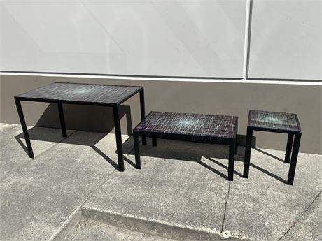 3 MATCHING TABLES W/TEMPERED GLASS TOPS (Largest is 28”x47”x29”)