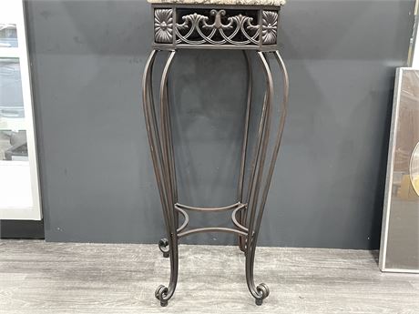 WROUGHT IRON AND MARBLE PEDESTAL PLANT STAND 14”x14”x34”