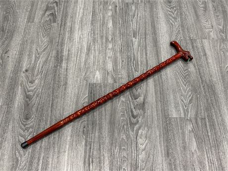 36” WOOD HAND CARVED DRAGON HEAD CANE W/MARBLE IN MOUTH