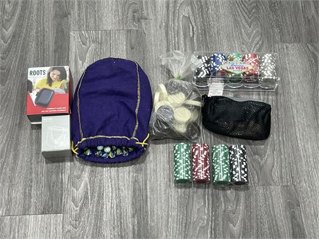 LOT OF MISC GAMES PIECES INCL: ROYAL BAG OF MARBLES, SEALED POKER CHIPS, ETC