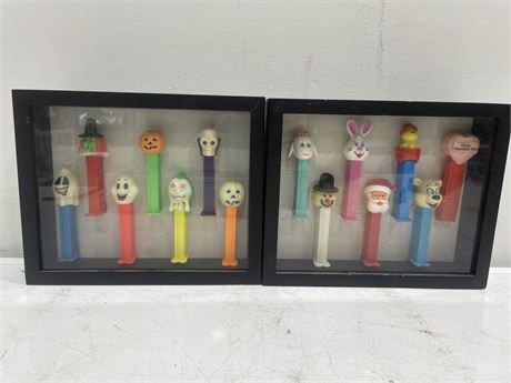PAIR FRAMED SHADOW BOX PEZ COLLECTIONS 11”x9”