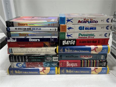 17 MUSIC DVDS / VHS TAPES - 3 ELVIS ARE SEALED