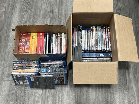 2 BOXES OF DVDS / BLU RAYS - MANY SEALED