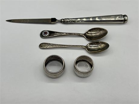 1920s STERLING NAIL FILE, STERLING SPOONS & STERLING NAPKIN RINGS