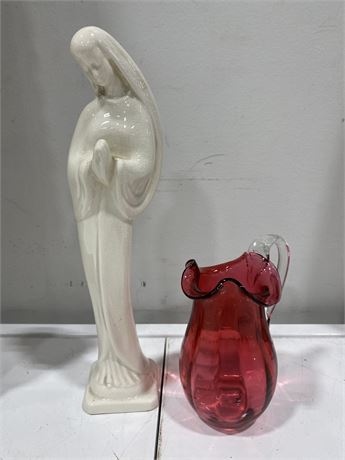 ANTIQUE VICTORIAN CRANBERRY GLASS JUG (5.5”) & VINTAGE COVENTRY FIGURE