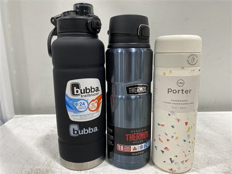 3 INSULATED BOTTLES -ASSORTED SIZES AND BRANDS