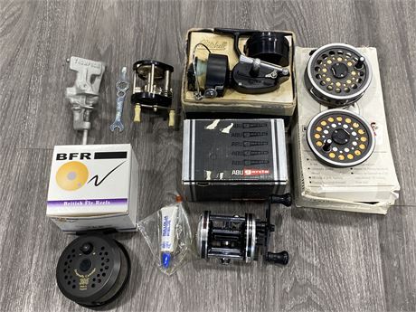LOT OF FISHING REELS & ACCESSORIES - MOSTLY VINTAGE - SOME NEW