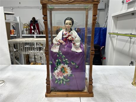 JAPANESE DOLL IN GLASS CASE - 10” X 19”