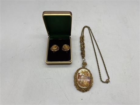 VINTAGE WEST GERMAN EARRINGS & NECKLACE SET (Cameo style)