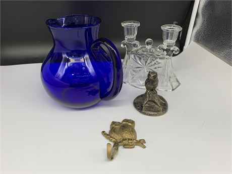COBALT BLUE PITCHER, GLASS CANDLESTICK, OWL HOOK & FIGURINE