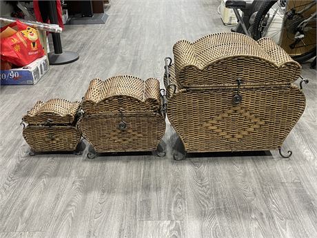 SET OF 3 WICKER CHESTS (LARGEST 25”x15”x21”)