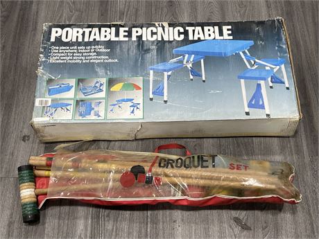 PORTABLE PICNIC TABLE IN BOX & COMPLETE CROQUET SET