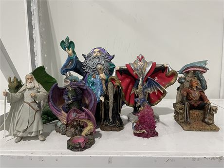 9 WIZARD / DRAGON FIGURES (SOME WITH DAMAGES) (LARGEST 13”)