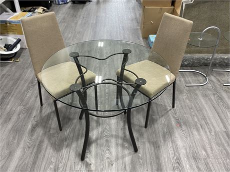 GLASS & METAL TABLE W/2 CHAIRS (36”X30”)