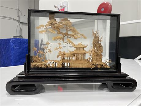 JAPANESE CARVED CORK IN GLASS DISPLAY